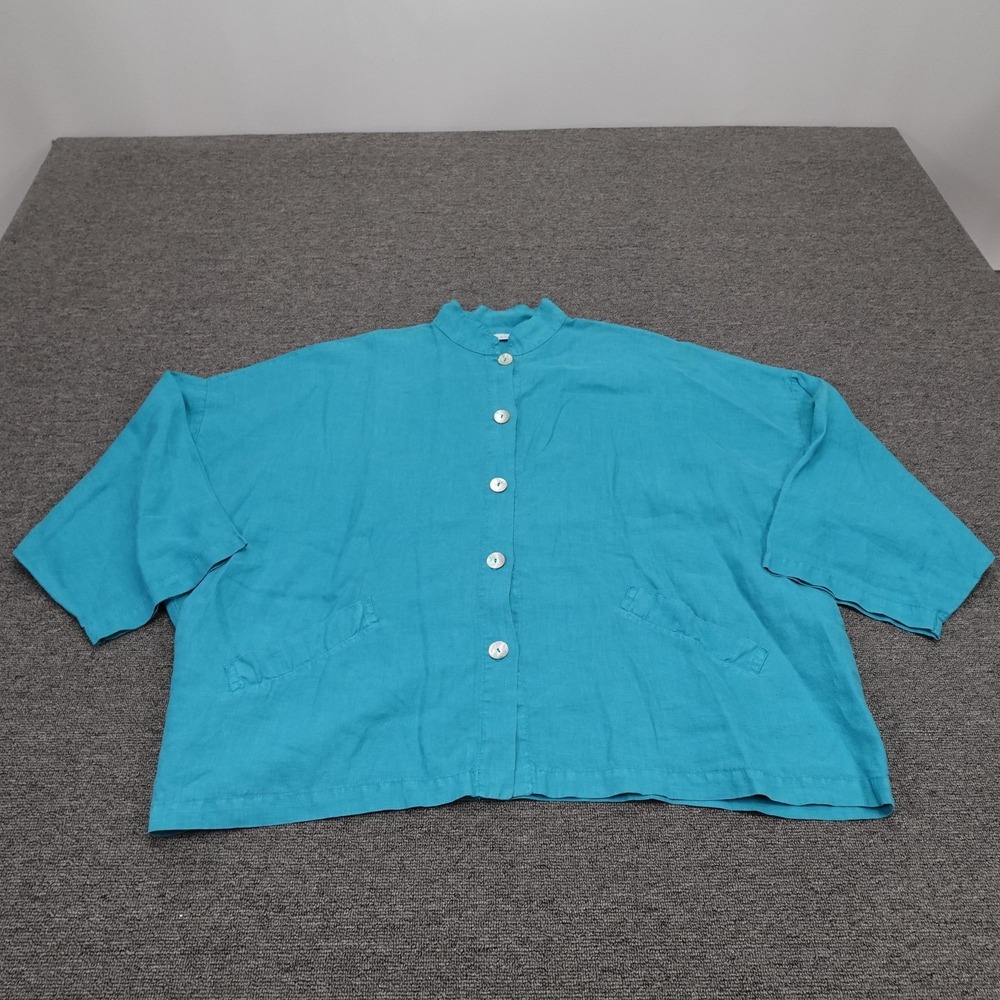 Bryn Walker Blouse‎ Womens Large Blue Linen Button Front Mock Neck Top